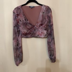 Misguided Top Cropped Floral V Neck Mauve
